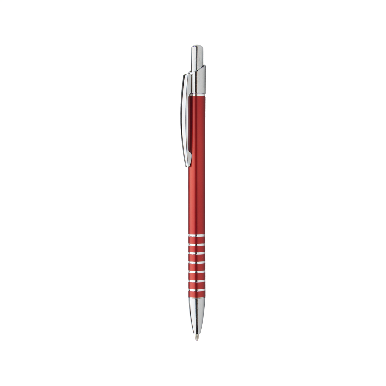 Penna a sfera in alluminio con decorazione incisa ad anelli, clip e puntale cromati, refill blu — gadget promozionale personalizzabile con il tuo logo