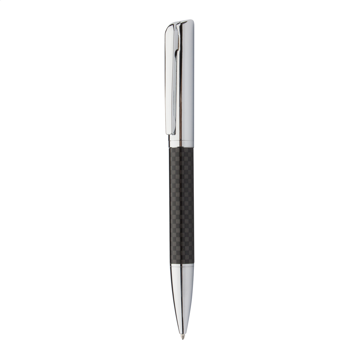 Penna a sfera corpo in metallo decorato carbon look e refill blu — gadget promozionale personalizzabile con il tuo logo