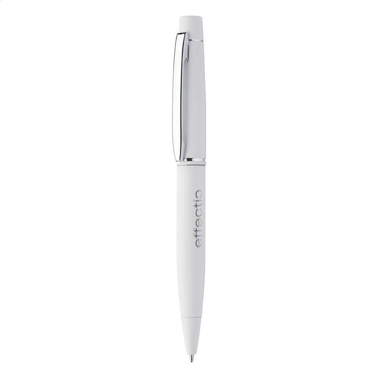 Penna a sfera in metallo con meccanismo a rotazione, finitura gommata e refill blu — gadget promozionale personalizzabile con il tuo logo