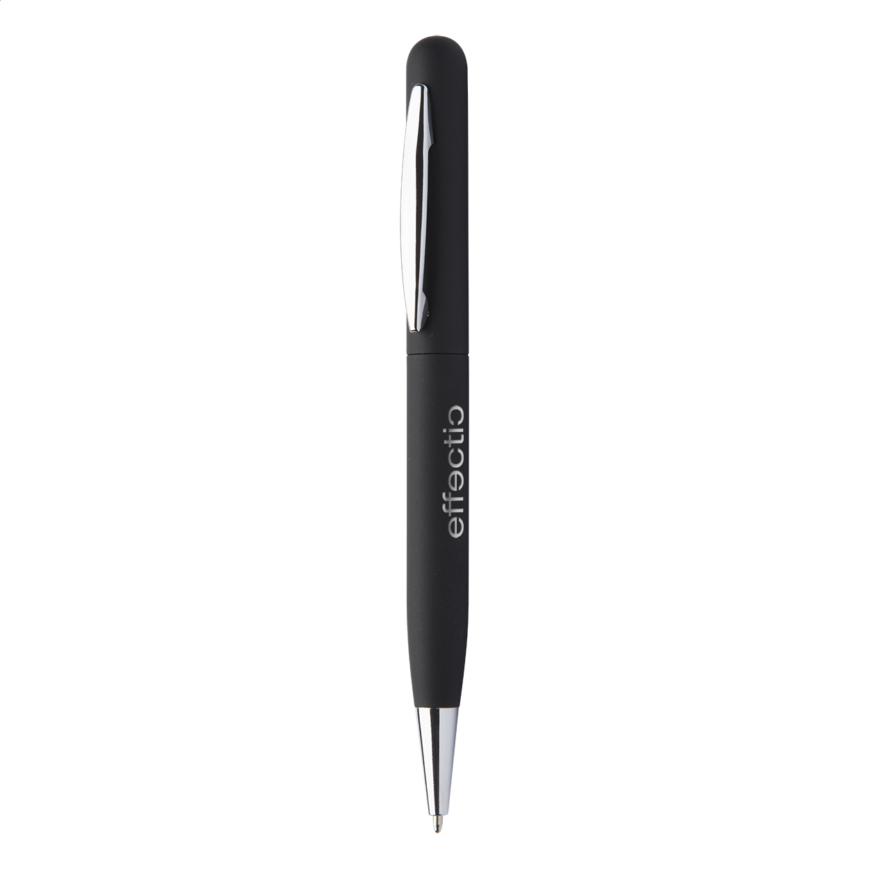 Penna a sfera in metallo con meccanismo a rotazione, finitura gommata e refill blu — gadget promozionale personalizzabile con il tuo logo