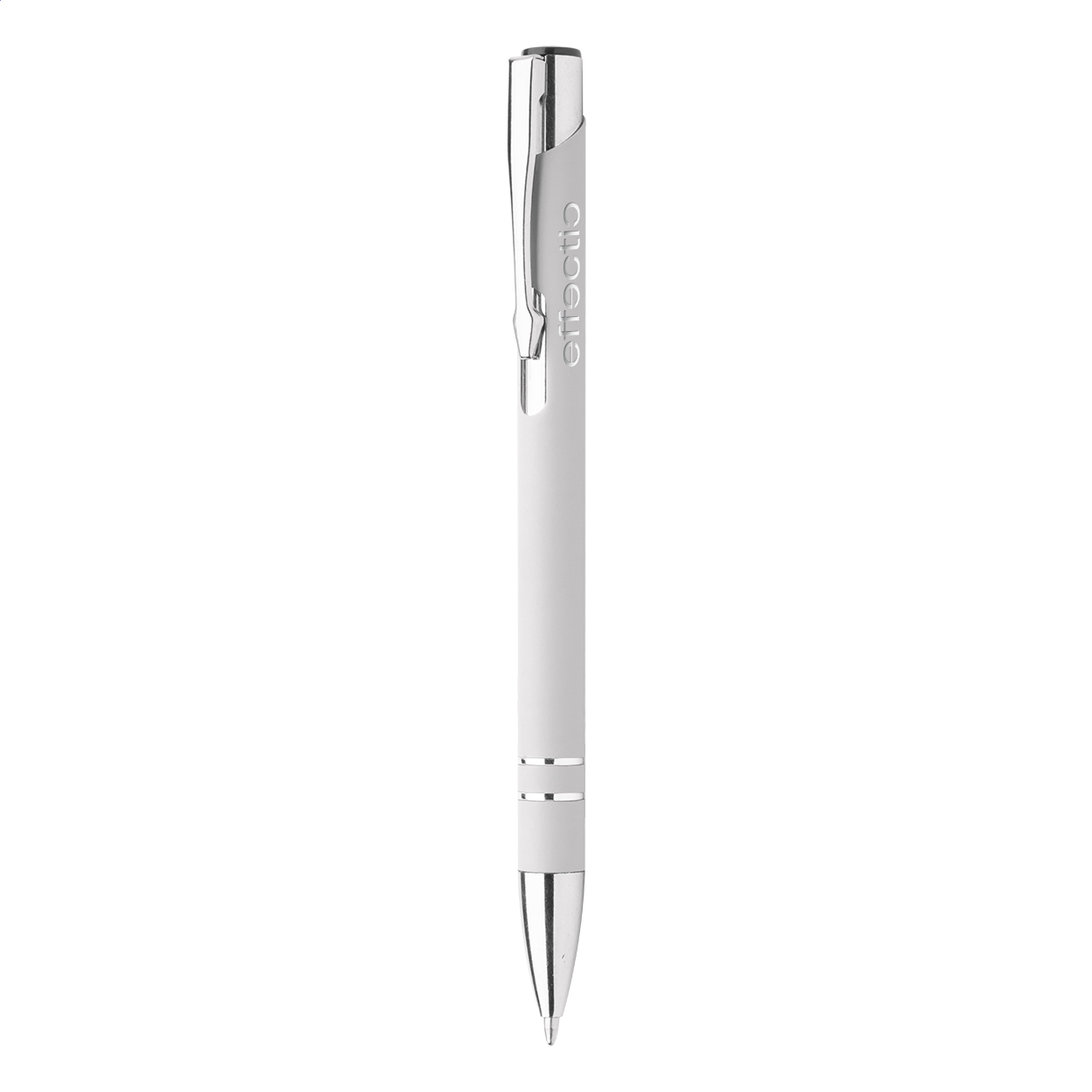 Penna a sfera in alluminio con finitura gommata e refill blu — gadget promozionale personalizzabile con il tuo logo