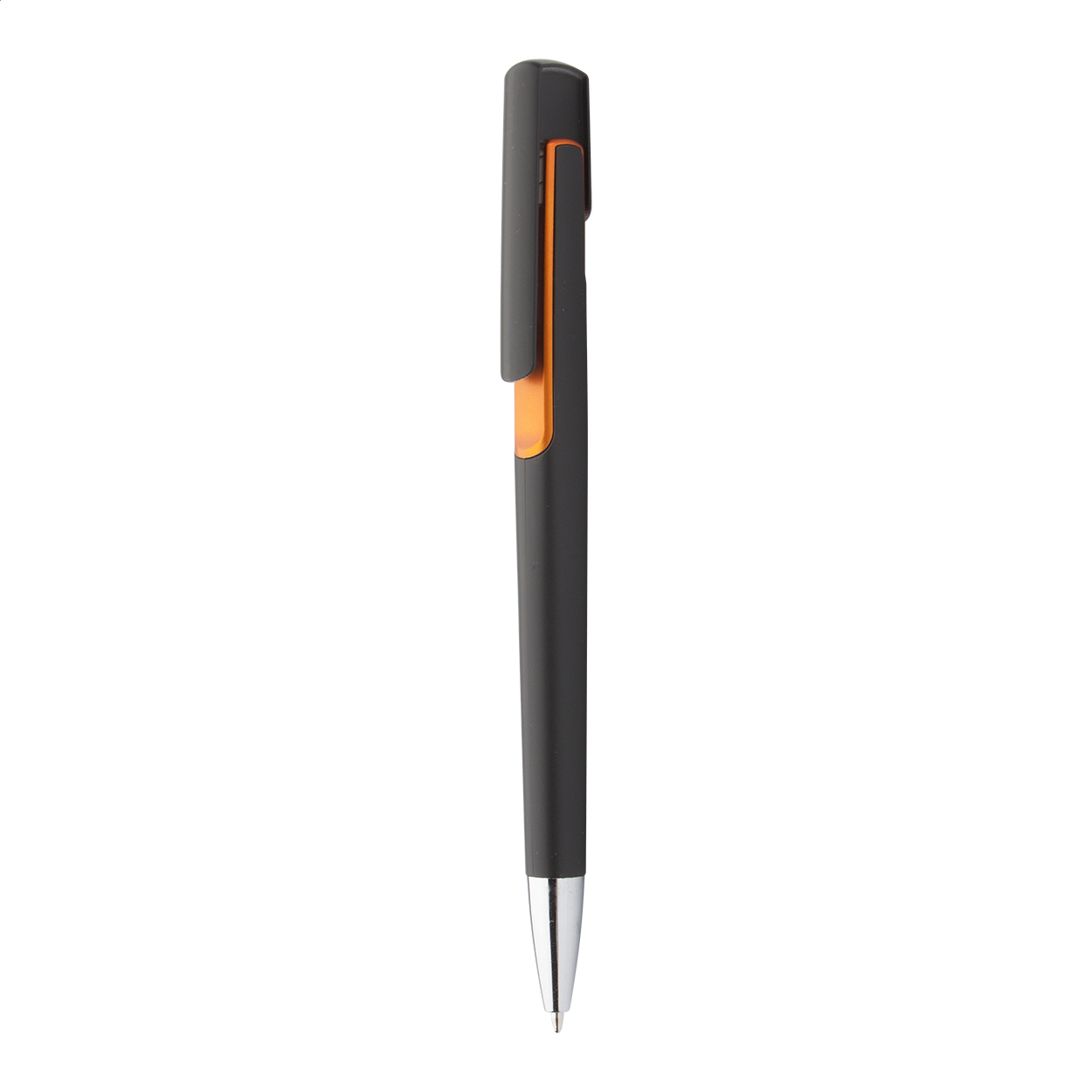 Penna a sfera in plastica nera con particolari colorati e puntale in cromato — gadget promozionale personalizzabile con il tuo logo