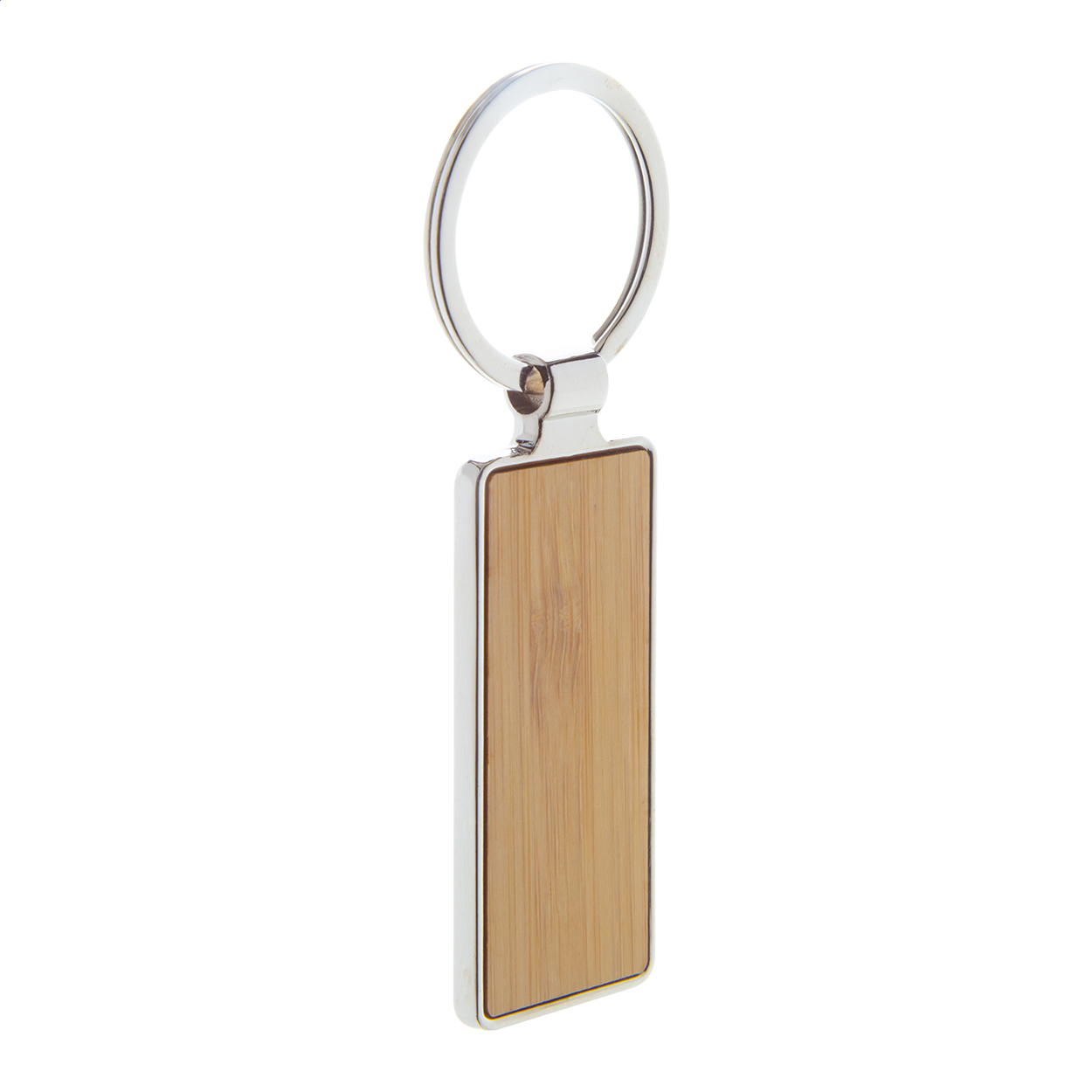Portachiavi in metallo di forma rettangolare con inserto in bambù — gadget promozionale personalizzabile con il tuo logo