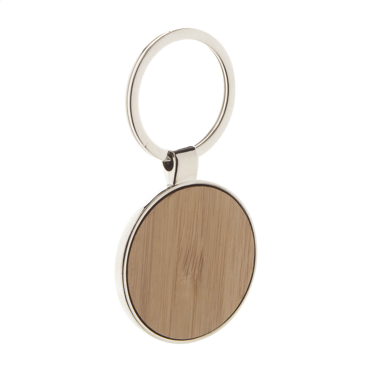 Portachiavi in metallo di forma rotonda con inserto in bambù — gadget promozionale personalizzabile con il tuo logo