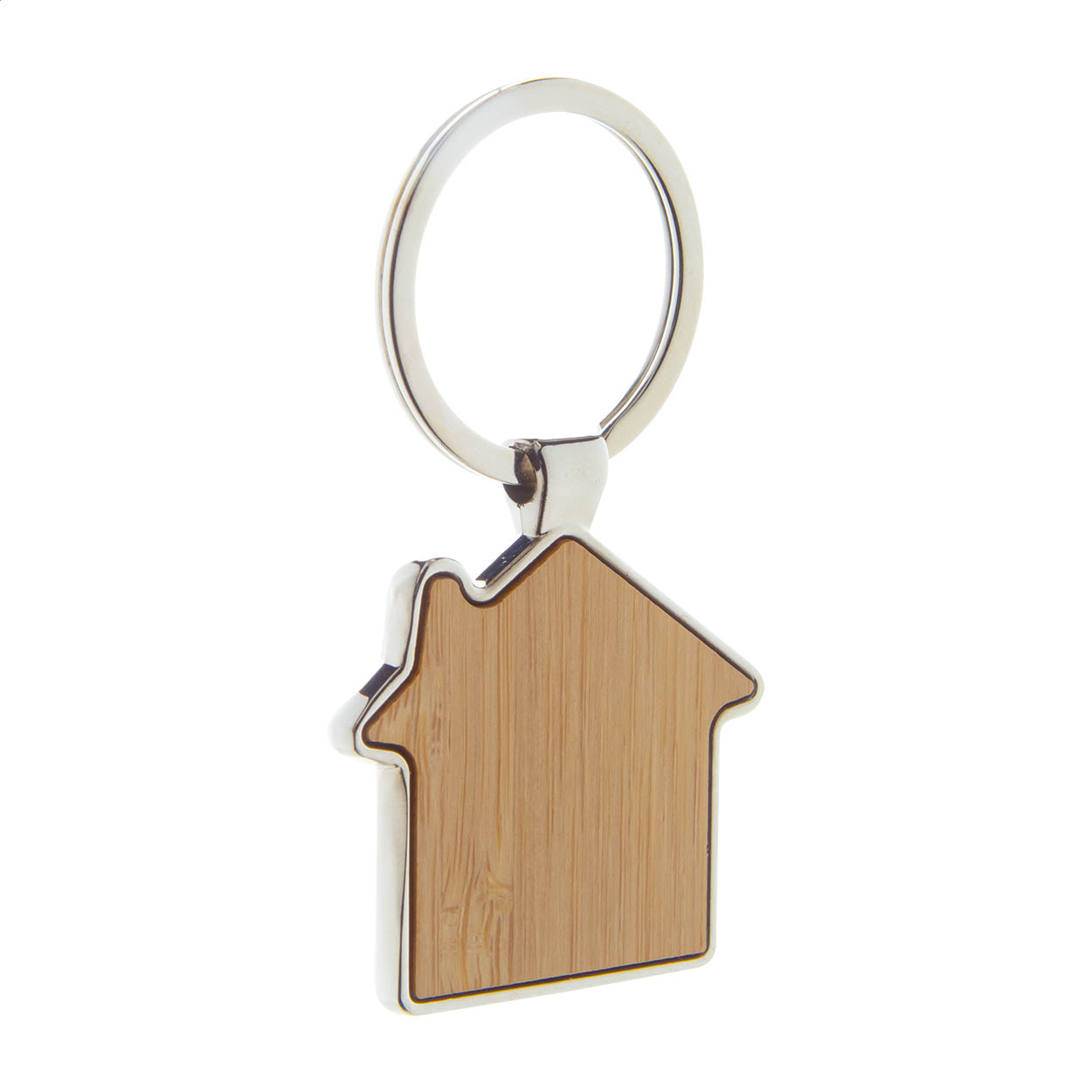 Portachiavi in metallo a forma di casa con inserto in bambù — gadget promozionale personalizzabile con il tuo logo