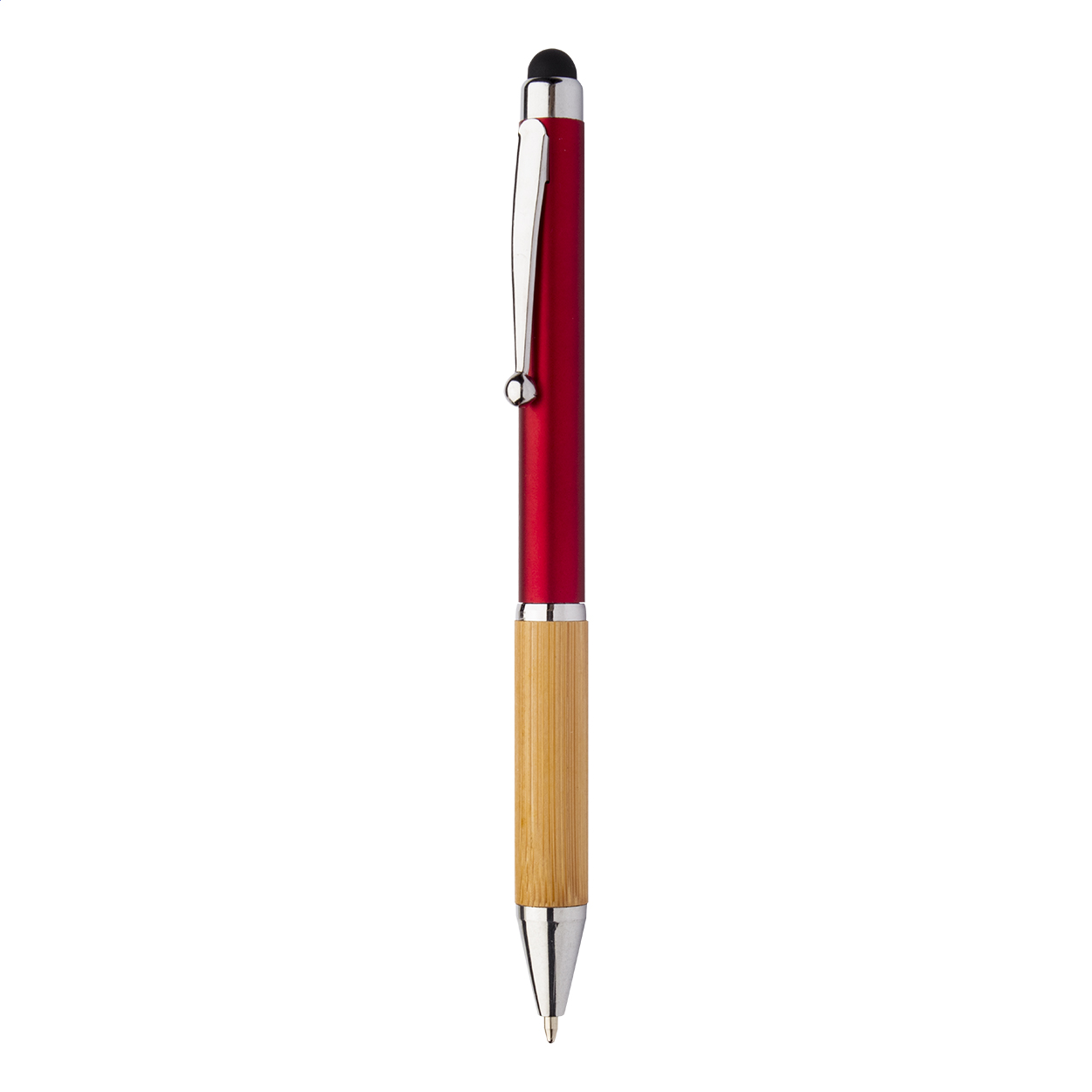 Penna a sfera capacitiva in plastica con meccanismo a rotazione, impugnatura in bambù, fusto con finitura metallica e parti cromate lucide — gadget promozionale personalizzabile con il tuo logo