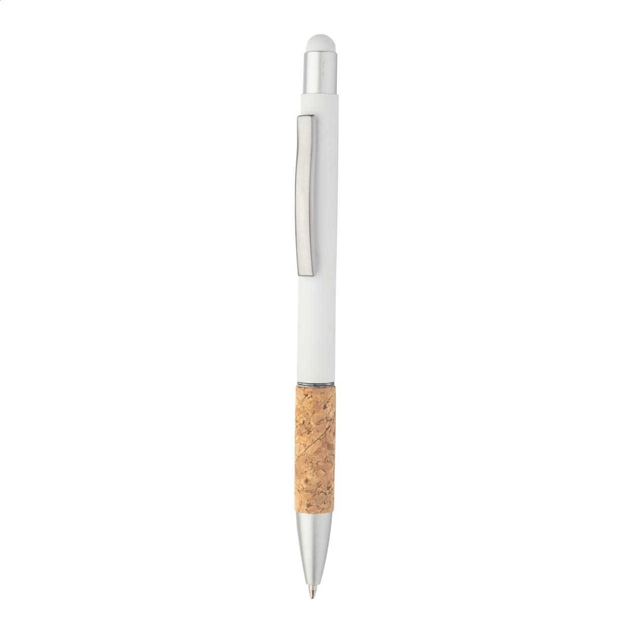 Penna a sfera capacitiva in alluminio con impugnatura in sughero naturale, fusto e dettagli in finitura opaca — gadget promozionale personalizzabile con il tuo logo