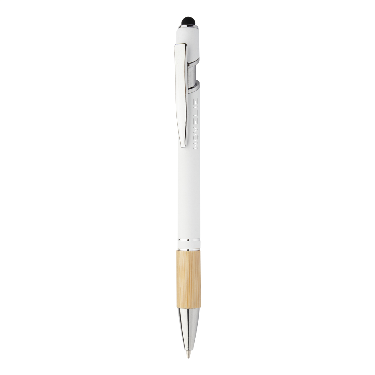 Penna a sfera capacitiva in alluminio con impugnatura in bambù, finitura gommata e rivestimento speciale per l'incisione laser a specchio — gadget promozionale personalizzabile con il tuo logo