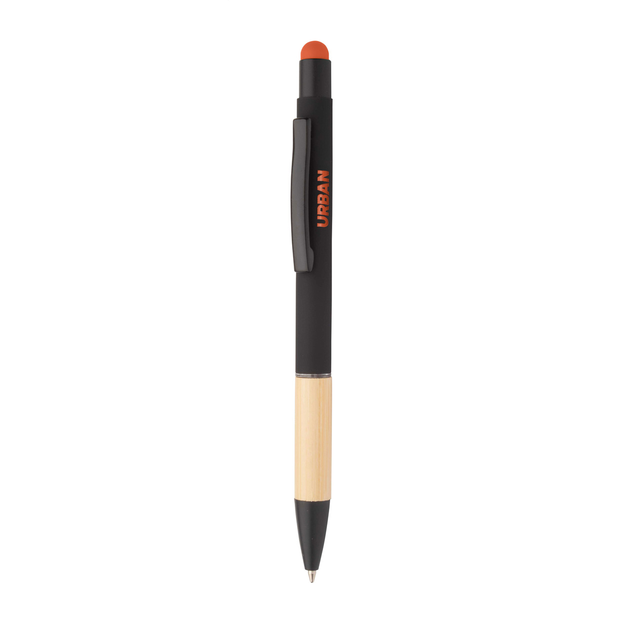 Penna a sfera capacitiva in alluminio con impugnatura in bambù, finitura gommata e rivestimento speciale per l'incisione a specchio abbinato al colore dello stilo — gadget promozionale personalizzabile con il tuo logo