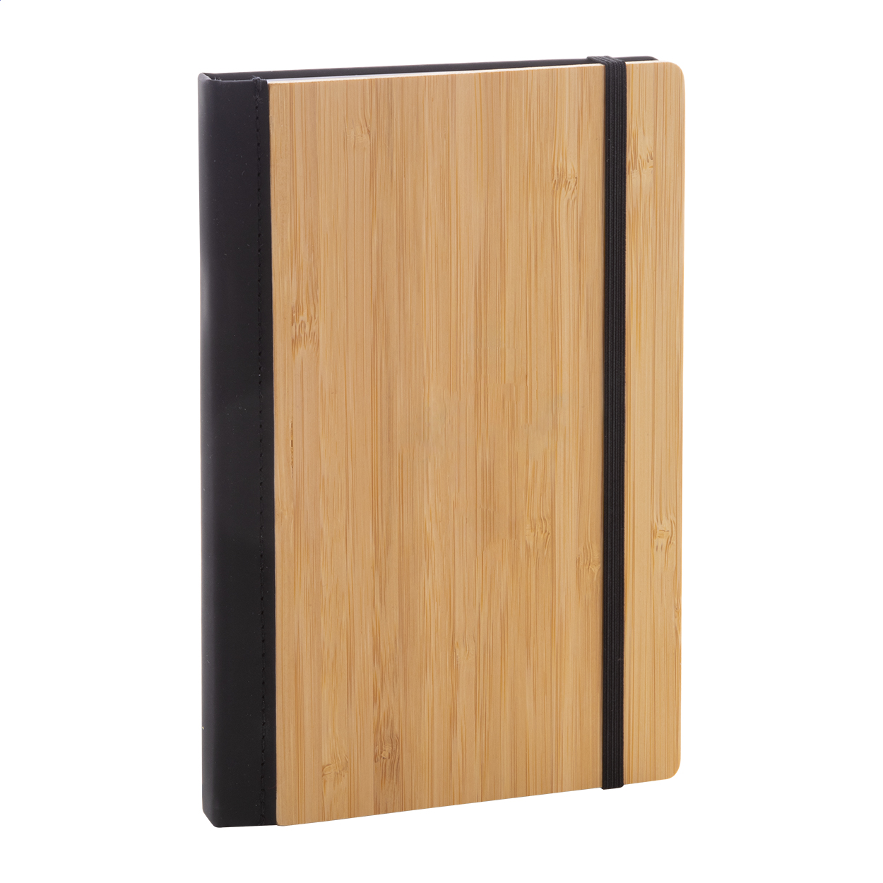Quaderno con copertina in bambù e pelle PU, con 80 fogli di carta riciclata a righe, segnalibro ed elastico in gomma — gadget promozionale personalizzabile con il tuo logo