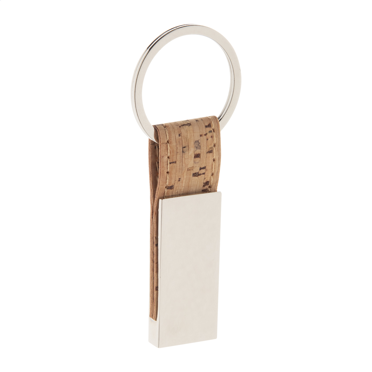 Portachiavi rettangolare in metallo con sughero naturale e cinturino in pelle PU — gadget promozionale personalizzabile con il tuo logo