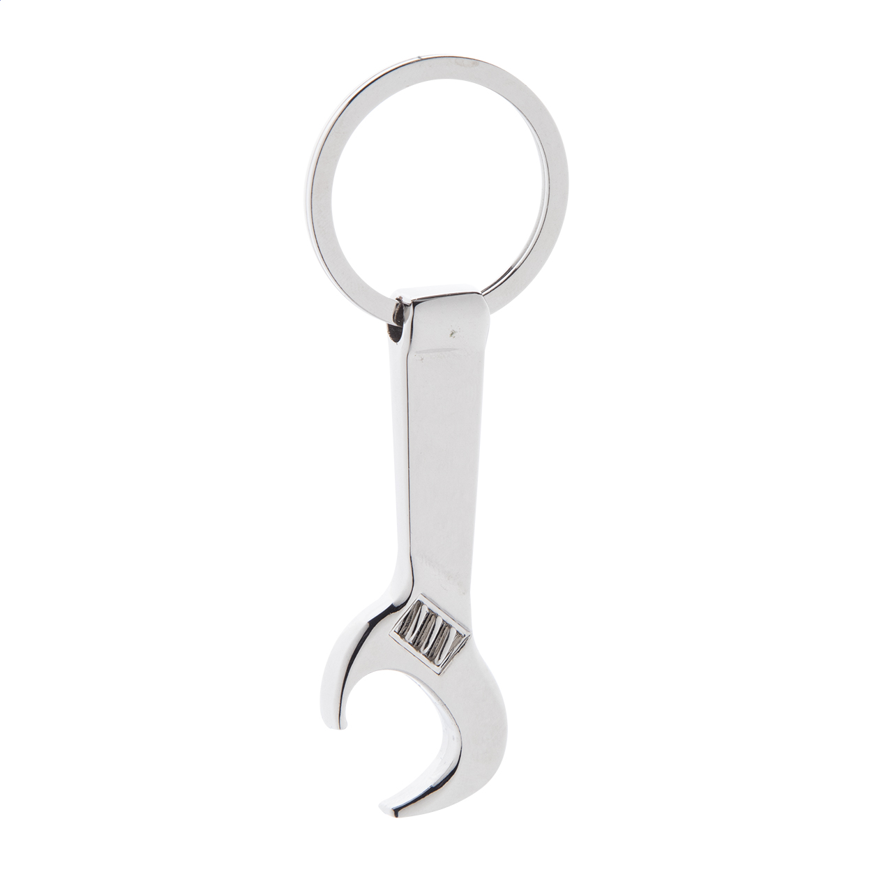 Portachiavi con apribottiglie in metallo a forma di chiave inglese e scatola di cartoncino kraft — gadget promozionale personalizzabile con il tuo logo