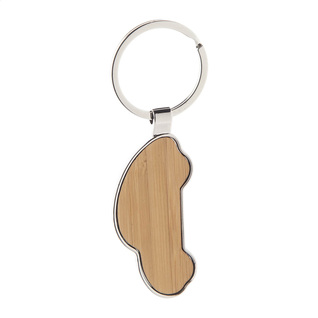Portachiavi in metallo a forma di auto con inserto in bambù e scatola di cartoncino kraft — gadget promozionale personalizzabile con il tuo logo