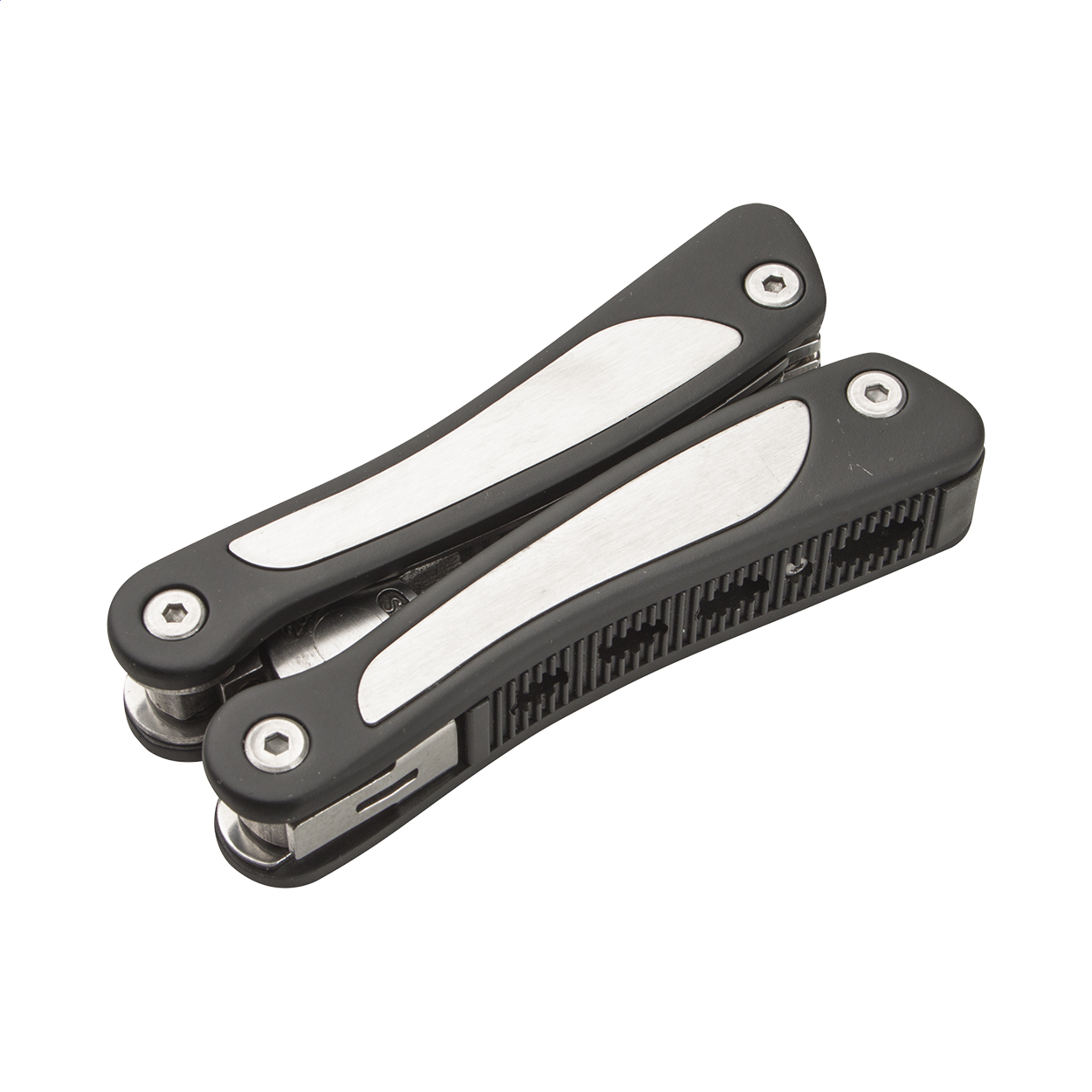 Pinza multiuso in acciaio 9 funzioni: pinze, lima per unghie, 3 cacciaviti, 2 coltelli, apriscatole con custodia in poliestere — gadget promozionale personalizzabile con il tuo logo