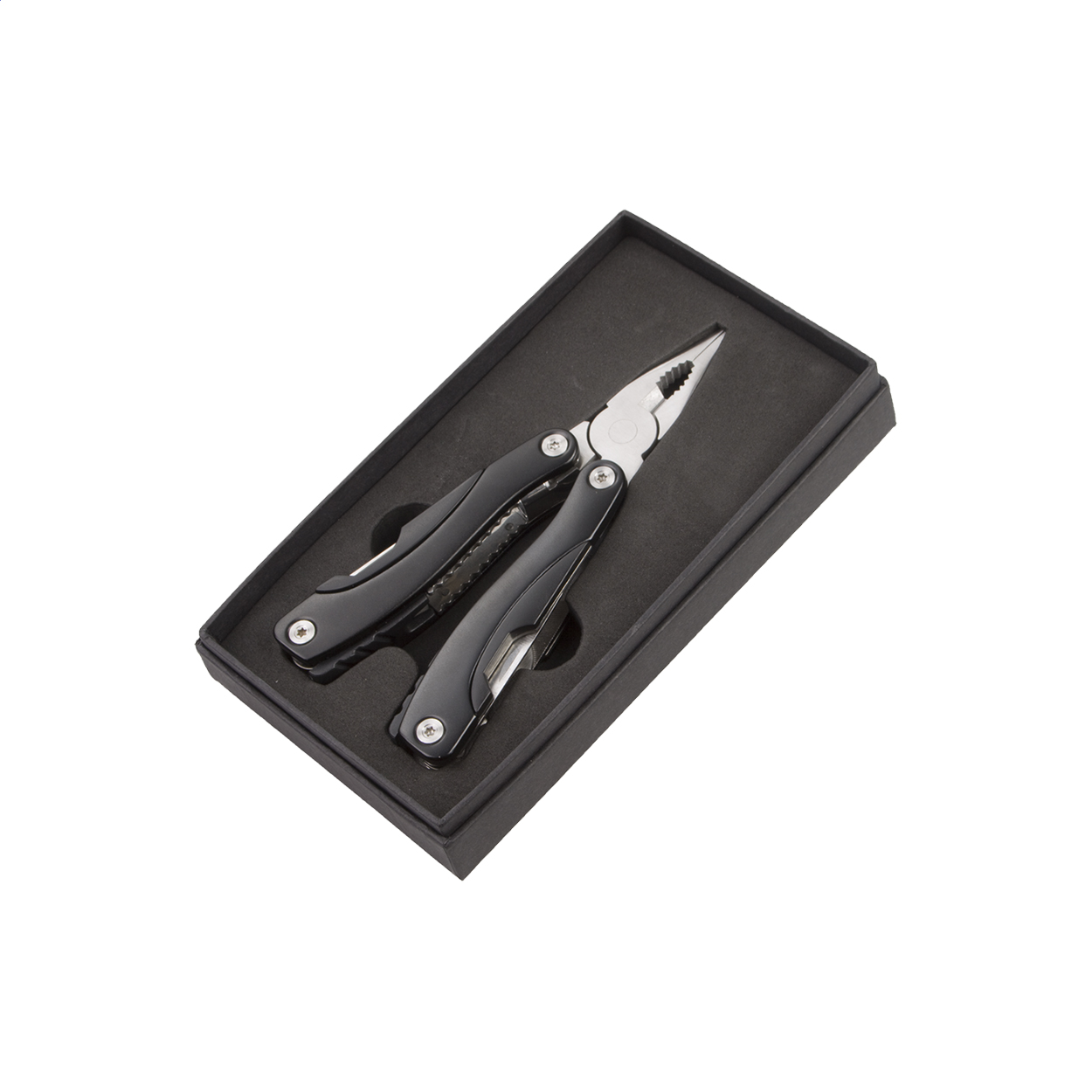 Pinza multiuso in acciaio inox con 8 funzioni ed impugnatura in alluminio, in scatola regalo di cartoncino nero — gadget promozionale personalizzabile con il tuo logo