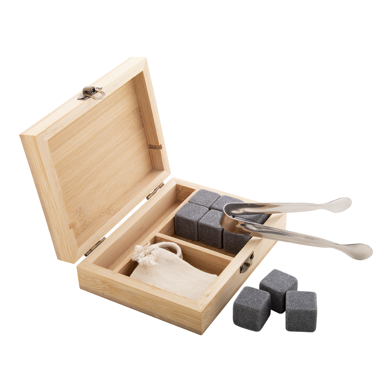 Set di cubetti ghiaccio in pietra riutilizzabili in confezione di bambù — gadget promozionale personalizzabile con il tuo logo