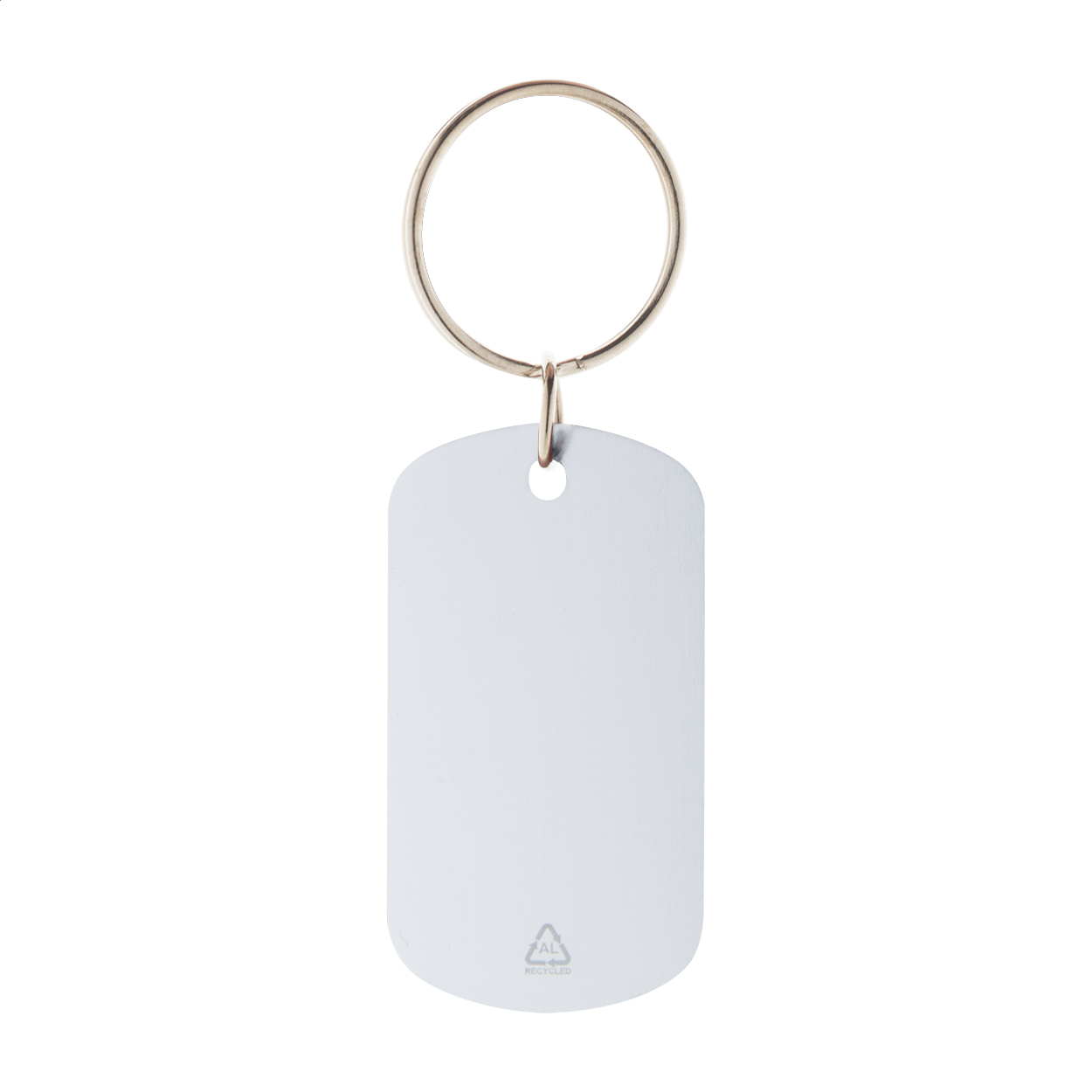 Portachiavi in alluminio riciclato con anello in metallo — gadget promozionale personalizzabile con il tuo logo