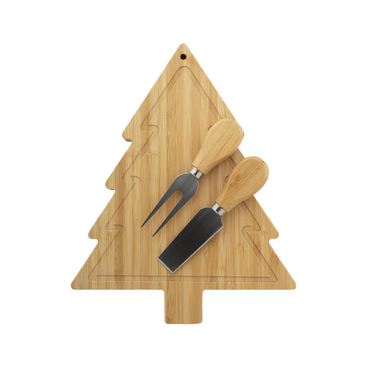 Set composto da 2 coltelli da formaggio in acciaio inox con manico in bambù ed un tagliere a forma di albero di Natale — gadget promozionale personalizzabile con il tuo logo