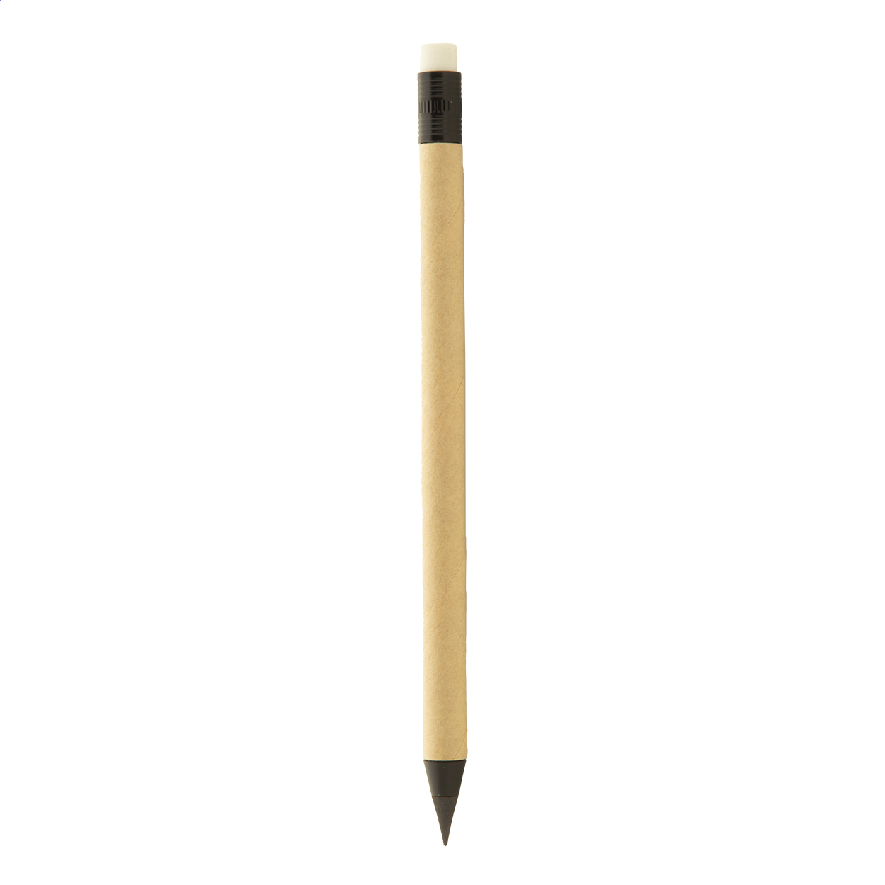 Penna senza inchiostro di lunga durata in carta riciclata con dettagli e gomma neri — gadget promozionale personalizzabile con il tuo logo
