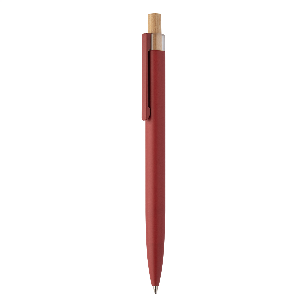 Penna a sfera in alluminio riciclato con pulsante in bambù e refill blu — gadget promozionale personalizzabile con il tuo logo