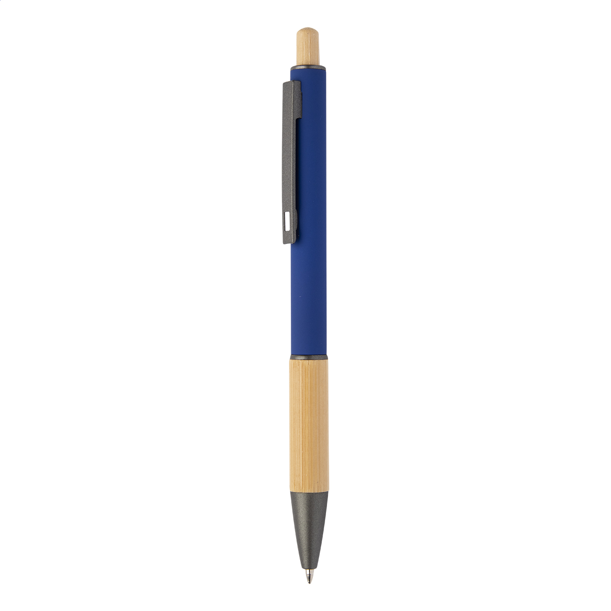 Penna a sfera in alluminio riciclato con refill blu, impugnatura e pulsante in bambù, corpo gommato e parti con finitura color canna di fucile — gadget promozionale personalizzabile con il tuo logo