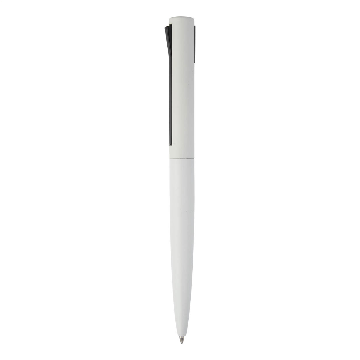 Penna a sfera in alluminio riciclato in colore metallizzato opaco, con refill blu, fusto superiore in ABS riciclato e speciale movimento a clip — gadget promozionale personalizzabile con il tuo logo