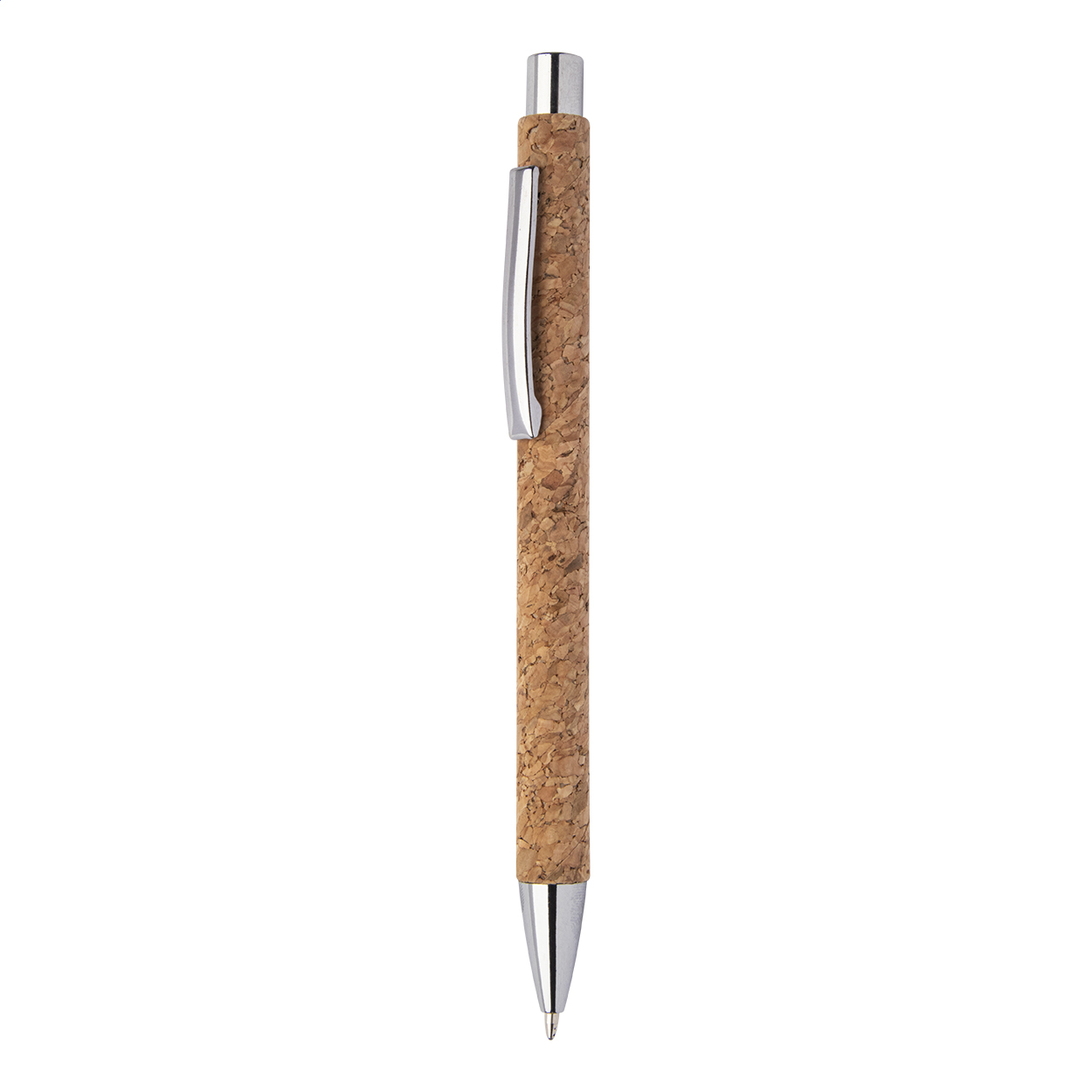 Penna a sfera in carta riciclata ricoperta di sughero naturale con parti in metallo e refill blu — gadget promozionale personalizzabile con il tuo logo