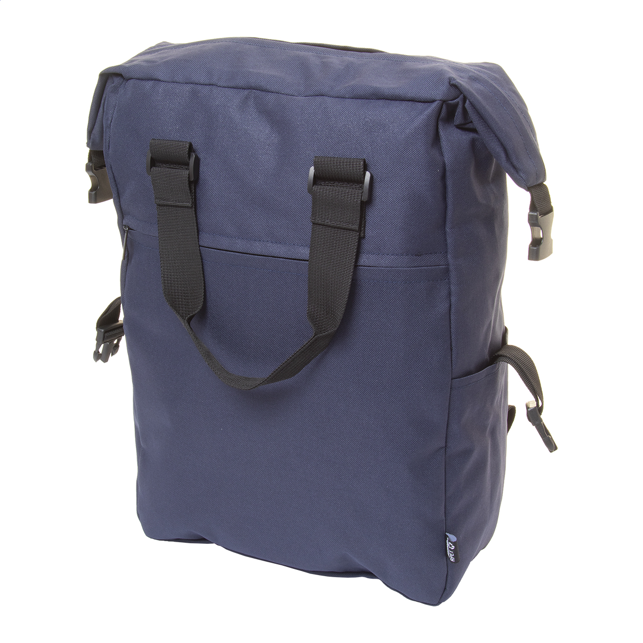 Zaino in RPET con scomparto principale e tasca frontale con zip, scomparto imbottito per laptop (15") e tablet (10"), cinghie laterali con fibbia e tasche, schienale e spallacci imbottiti — gadget promozionale personalizzabile con il tuo logo