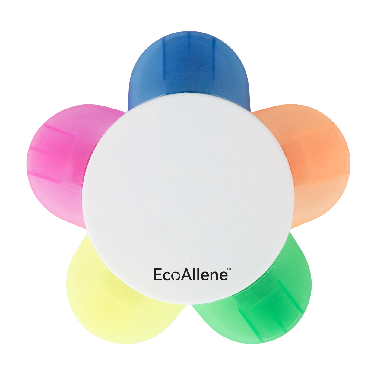 Evidenziatore in plastica riciclata EcoAllene® a forma di fiore con 5 colori — gadget promozionale personalizzabile con il tuo logo