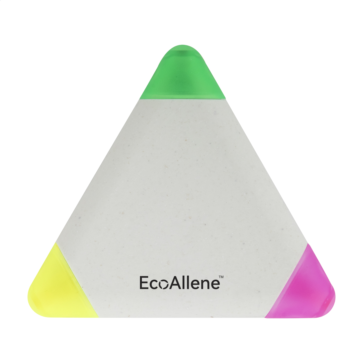 Evidenziatore in plastica riciclata EcoAllene® a forma di triangolo con 3 colori — gadget promozionale personalizzabile con il tuo logo