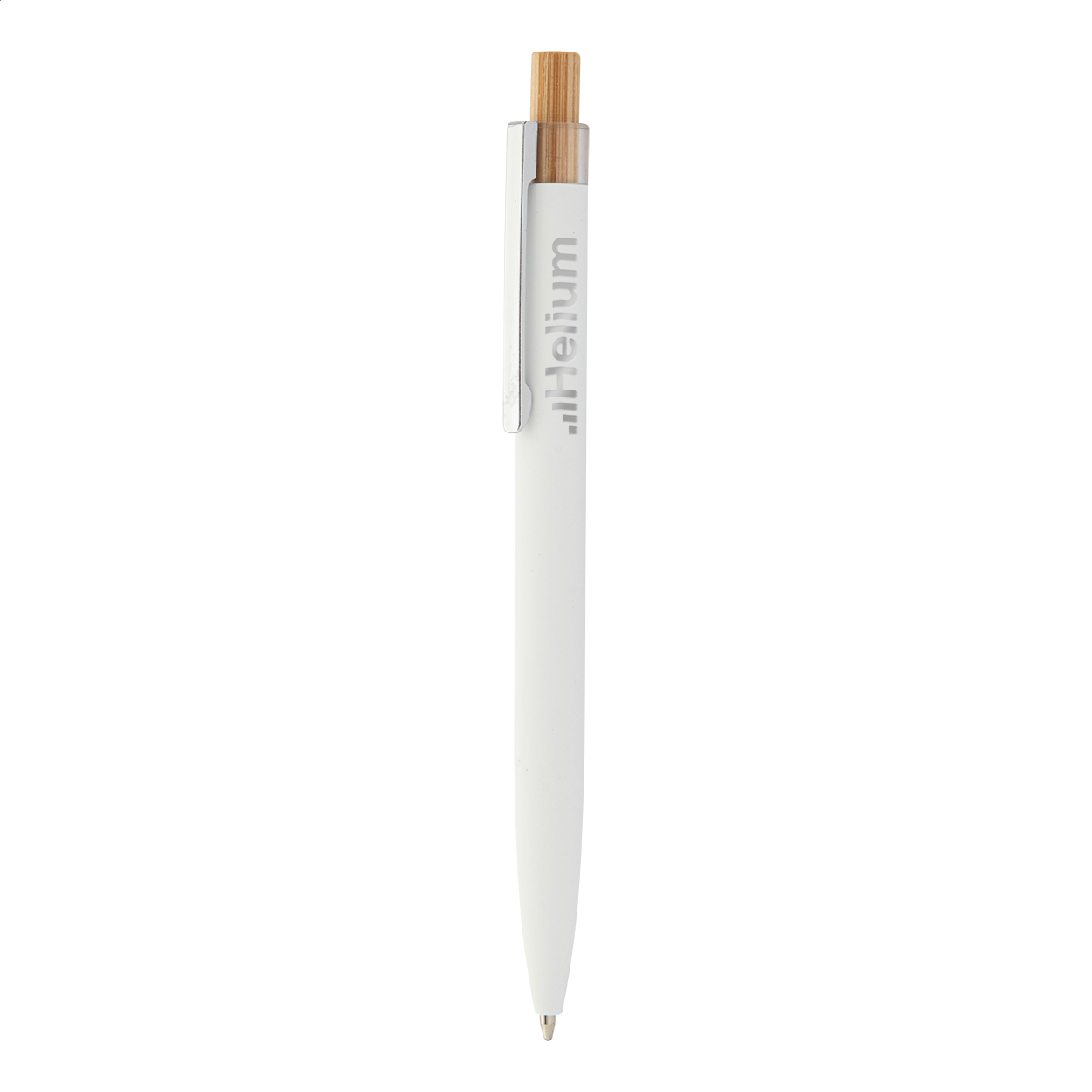 Penna a sfera in alluminio riciclato con refill blu, finitura gommata, pulsante in bambù e clip cromata — gadget promozionale personalizzabile con il tuo logo