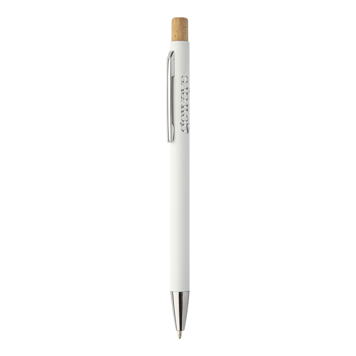 Penna a sfera in alluminio riciclato con finitura gommata, pulsante in bambù, dettagli cromati e refill blu — gadget promozionale personalizzabile con il tuo logo