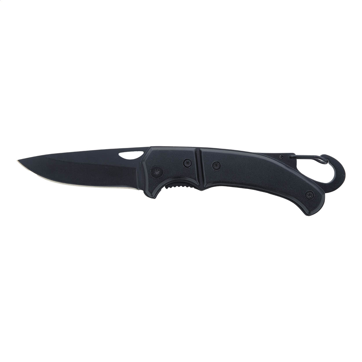 Coltello tascabile in acciaio inossidabile, completamente nero, con manico in alluminio, moschettone e chiusura di sicurezza — gadget promozionale personalizzabile con il tuo logo