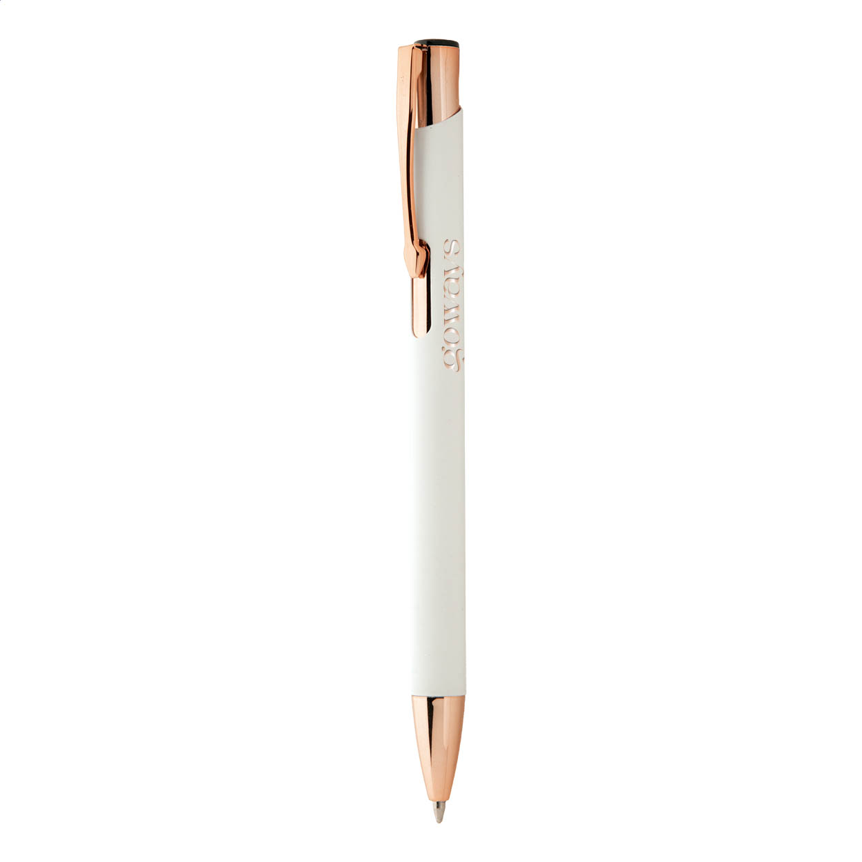 Penna a sfera in alluminio riciclato con finitura gommata, dettagli in color oro rosa e refill blu — gadget promozionale personalizzabile con il tuo logo