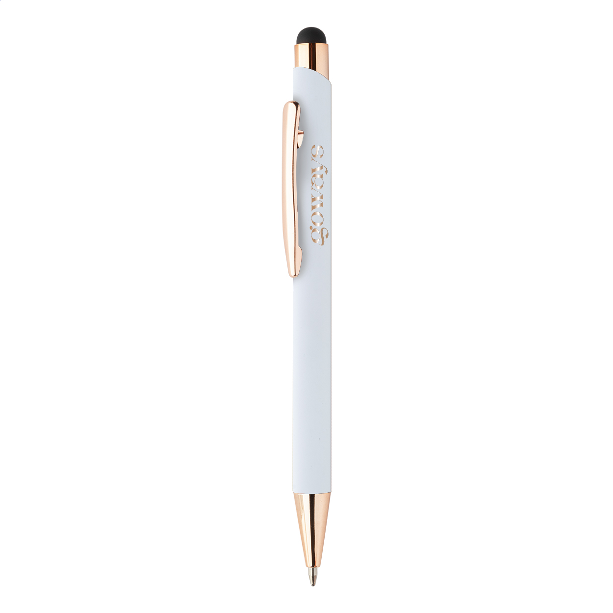 Penna a sfera capacitiva in alluminio riciclato con finitura gommata, dettagli color oro rosa e refill blu — gadget promozionale personalizzabile con il tuo logo