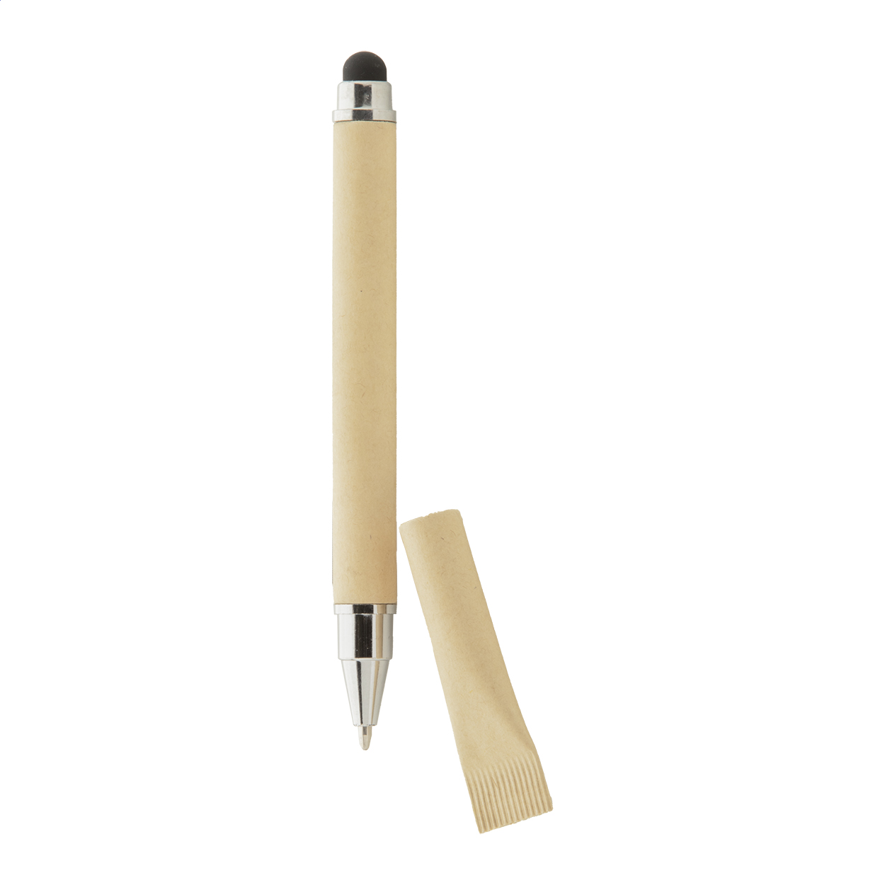 Penna a sfera capacitiva in carta riciclata con cappuccio coordinato e refill blu — gadget promozionale personalizzabile con il tuo logo