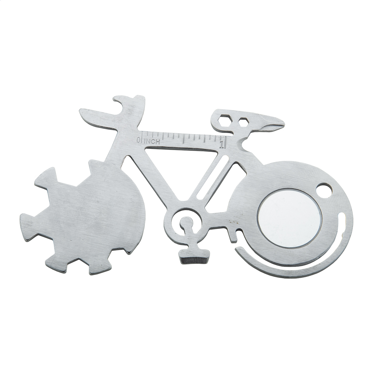 Multi utensile in acciaio inox a forma di bicicletta con 11 funzioni — gadget promozionale personalizzabile con il tuo logo