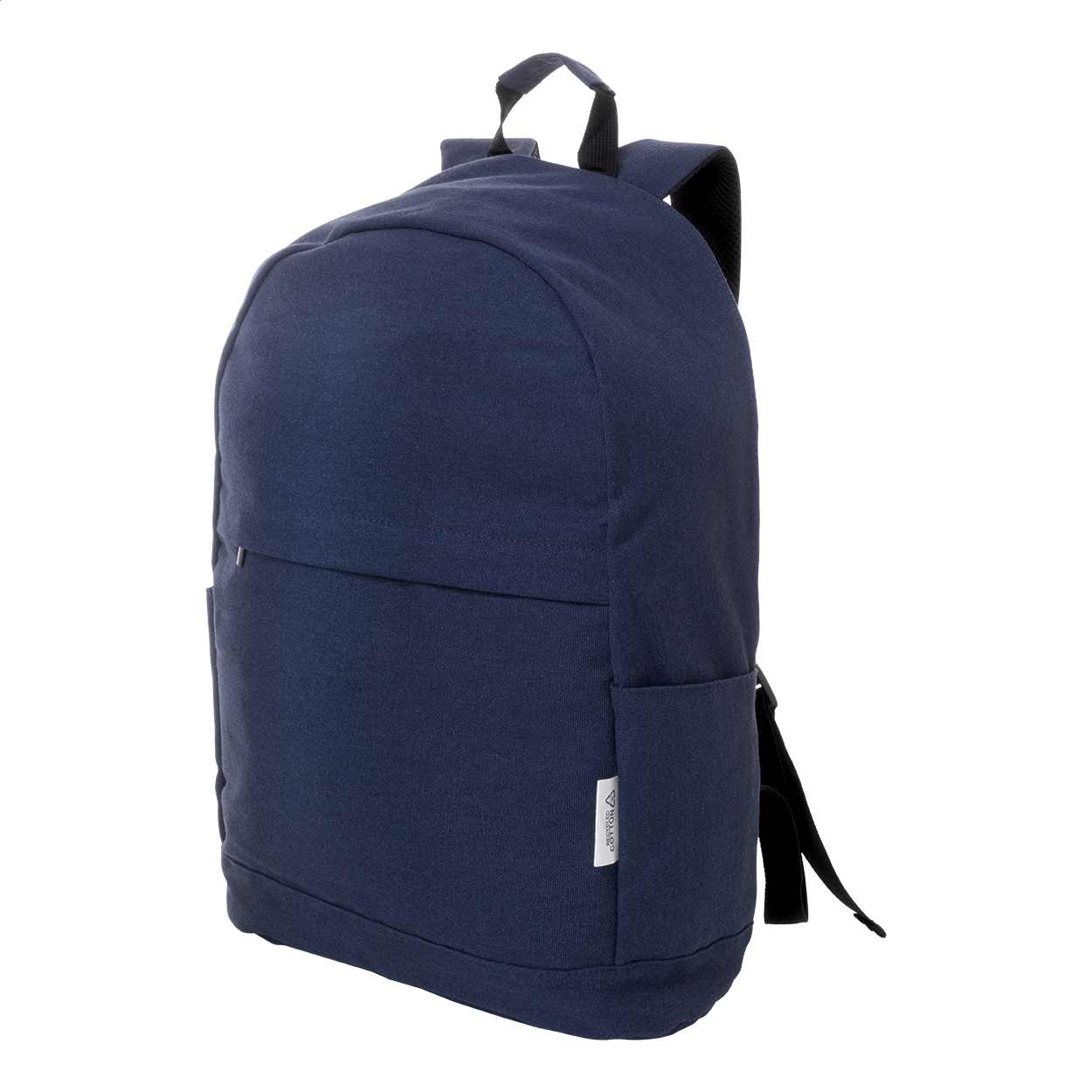 Zaino in tela riciclata con scomparto principale e tasca frontale chiusi da cerniera, scomparto imbottito per computer portatile (15"), tasche laterali, cinghia per trolley, schienale e spallacci imbottiti e tasca antifurto nascosta — gadget promozionale personalizzabile con il tuo logo