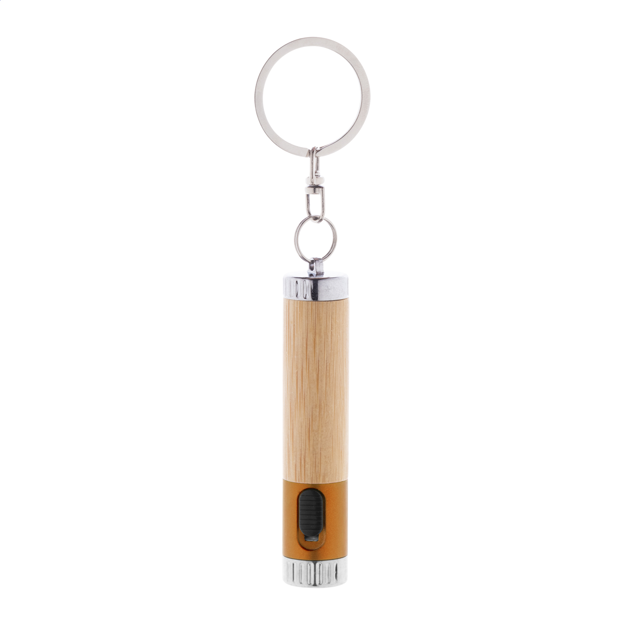 Mini torcia con 1 LED, in bambù e plastica ABS riciclata e portachiavi in metallo — gadget promozionale personalizzabile con il tuo logo