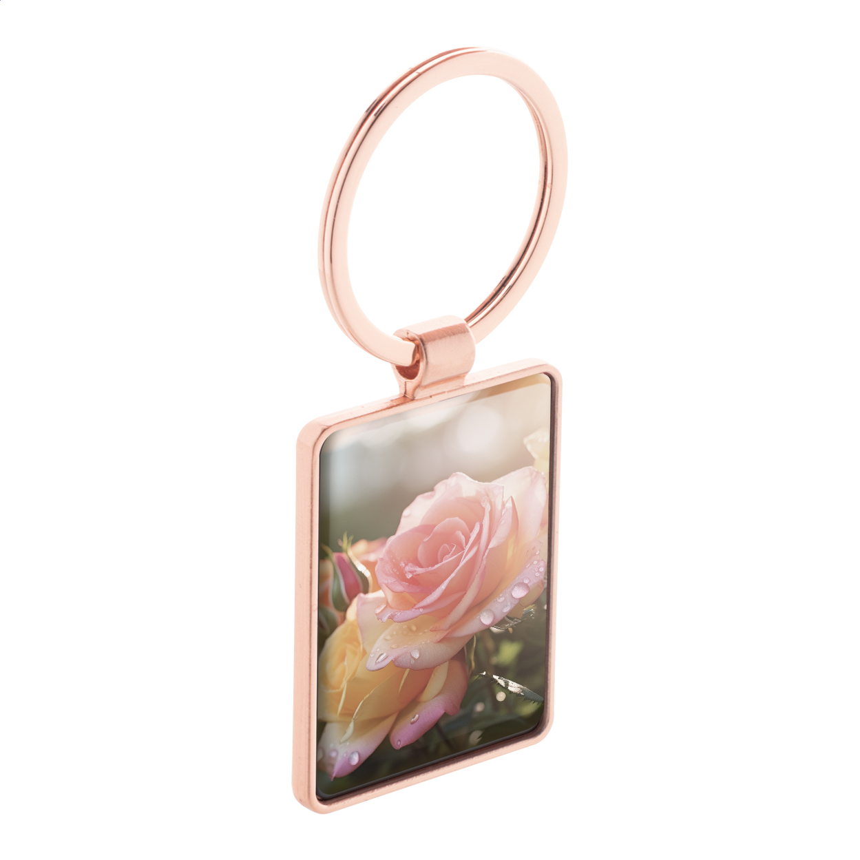 Portachiavi rettangolare in metallo con finitura dorata e placca color canna di fucile — gadget promozionale personalizzabile con il tuo logo