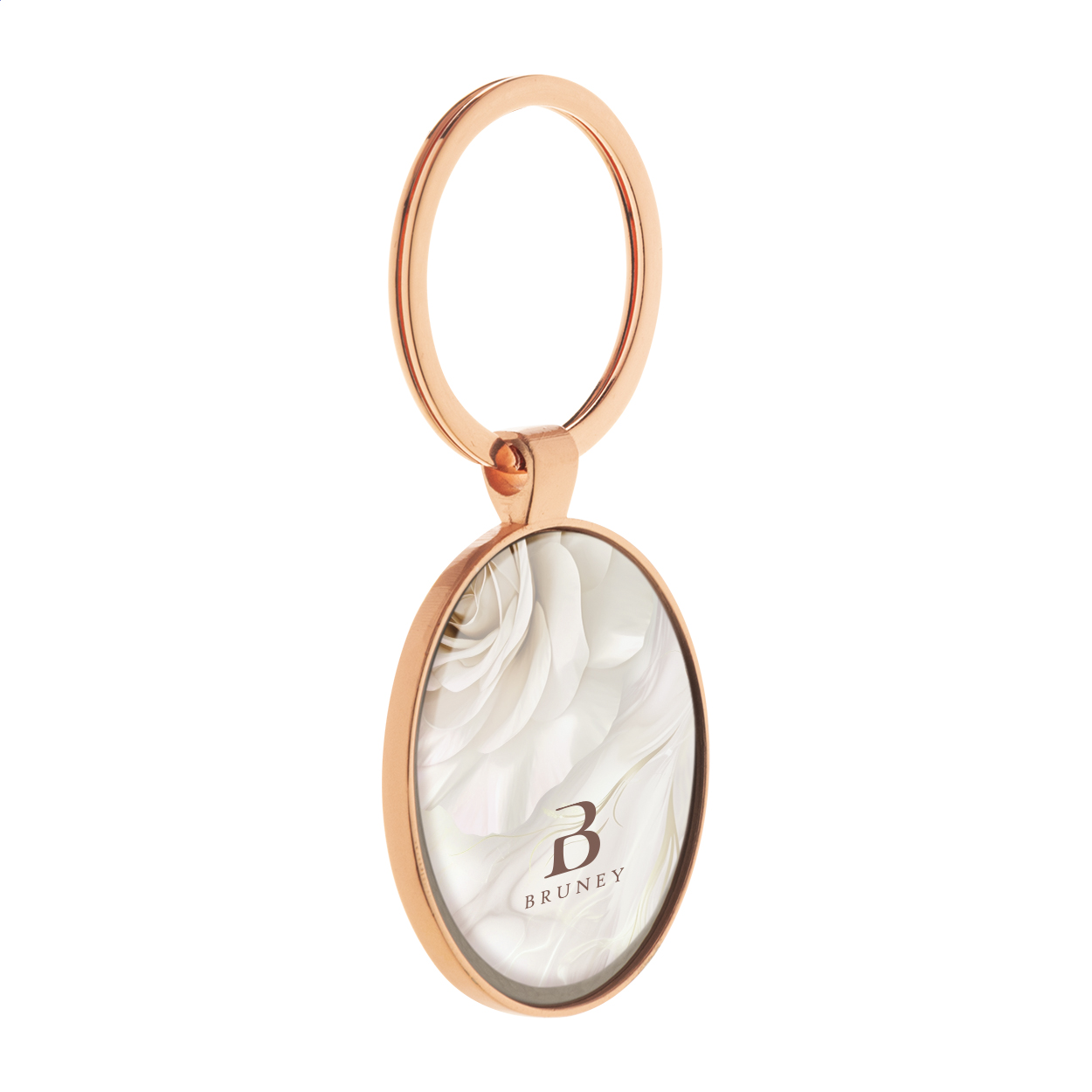 Portachiavi ovale in metallo con finitura dorata e placca color canna di fucile — gadget promozionale personalizzabile con il tuo logo