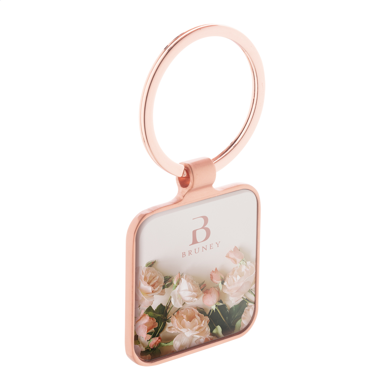 Portachiavi quadrato in metallo con finitura dorata e placca color canna di fucile — gadget promozionale personalizzabile con il tuo logo