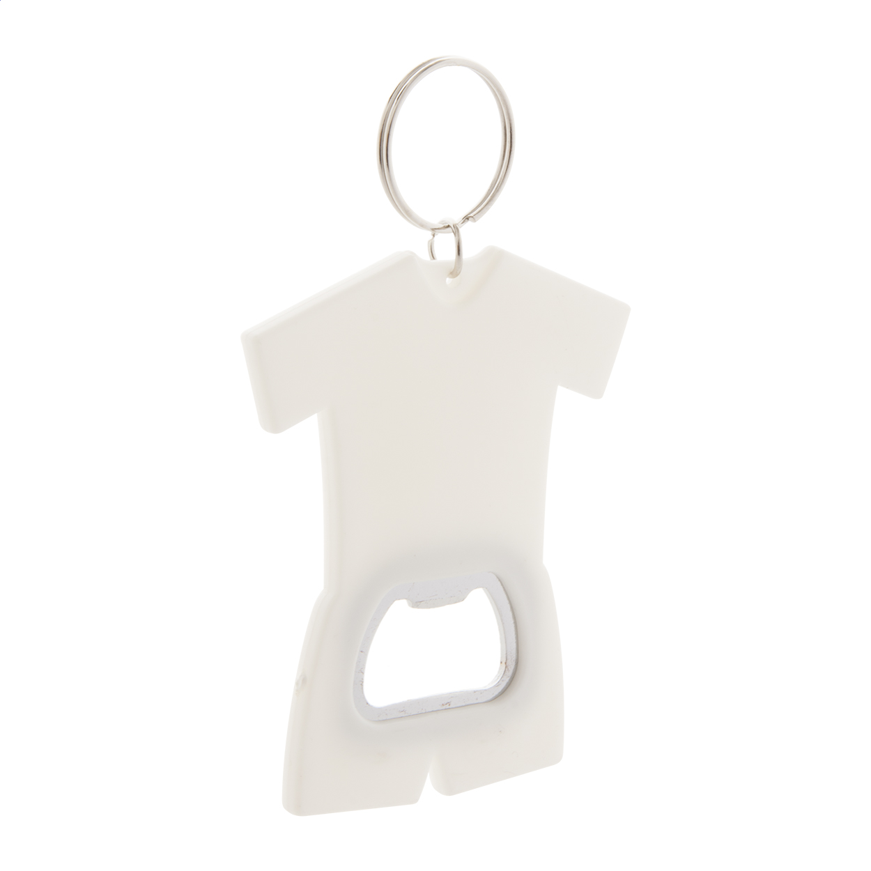 Portachiavi con apribottiglie in plastica ABS riciclata a forma di completo sportivo — gadget promozionale personalizzabile con il tuo logo