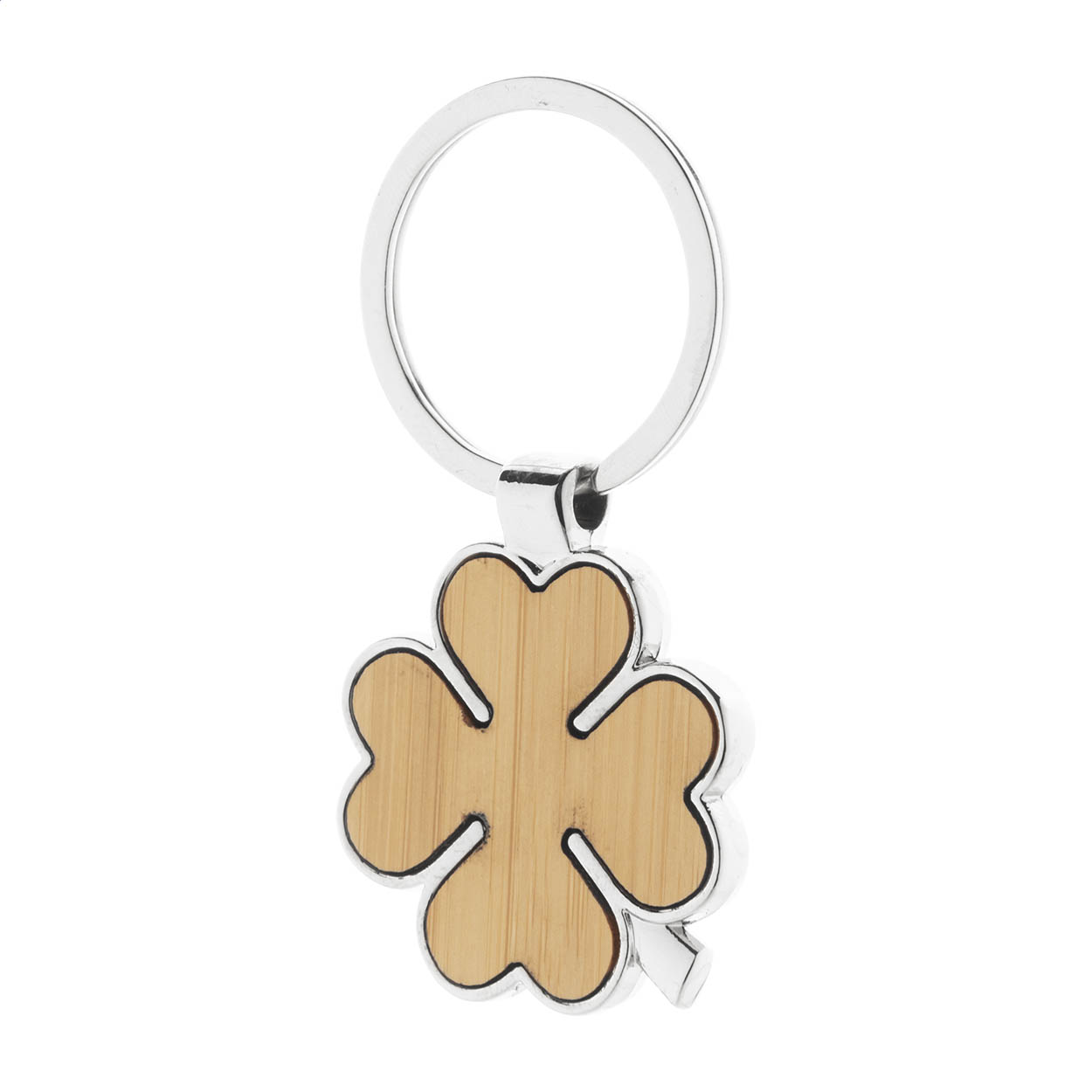 Portachiavi in metallo a forma di quadrifoglio con inserto in bambù — gadget promozionale personalizzabile con il tuo logo