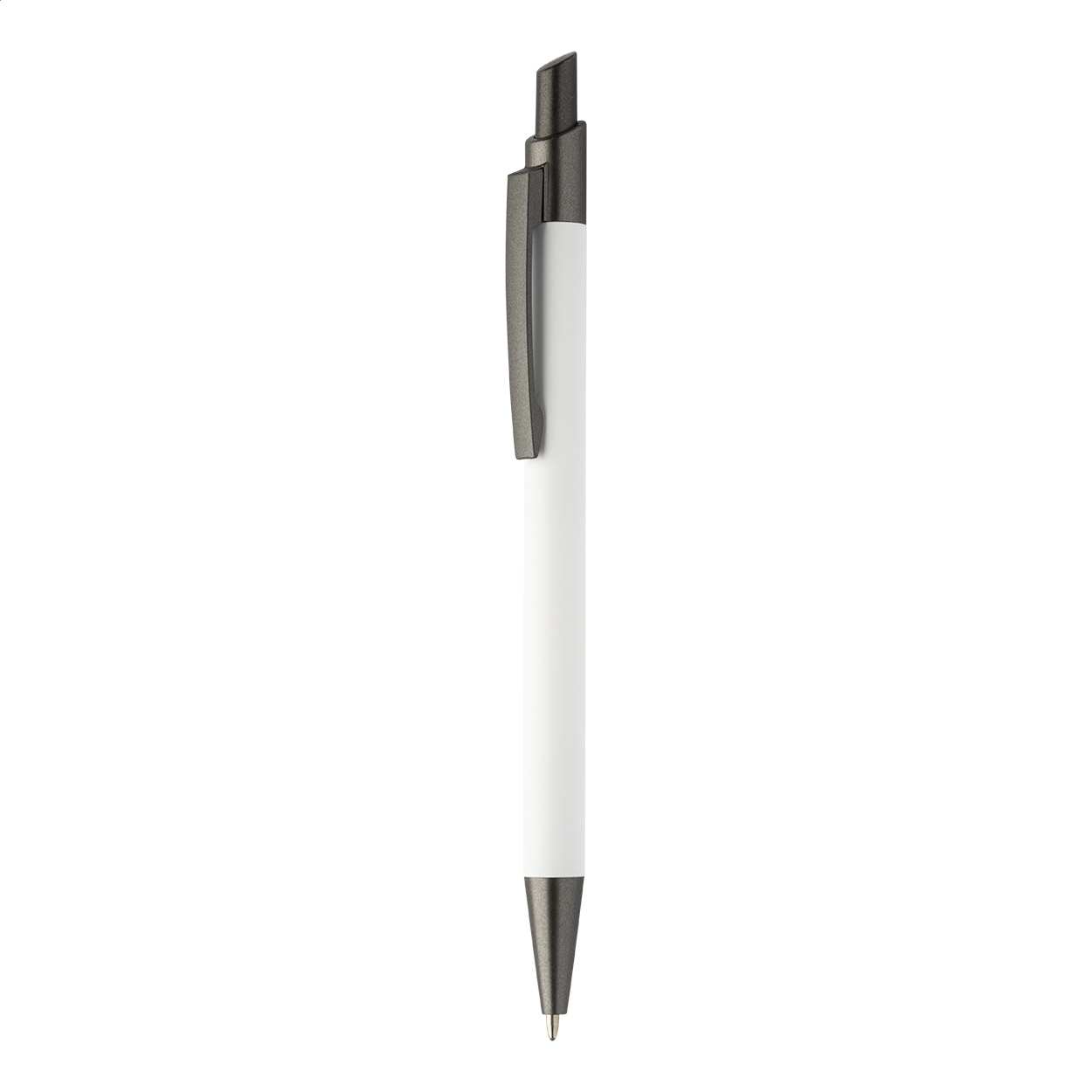Penna a sfera in alluminio riciclato con fusto gommato e componenti in color canna di fucile — gadget promozionale personalizzabile con il tuo logo