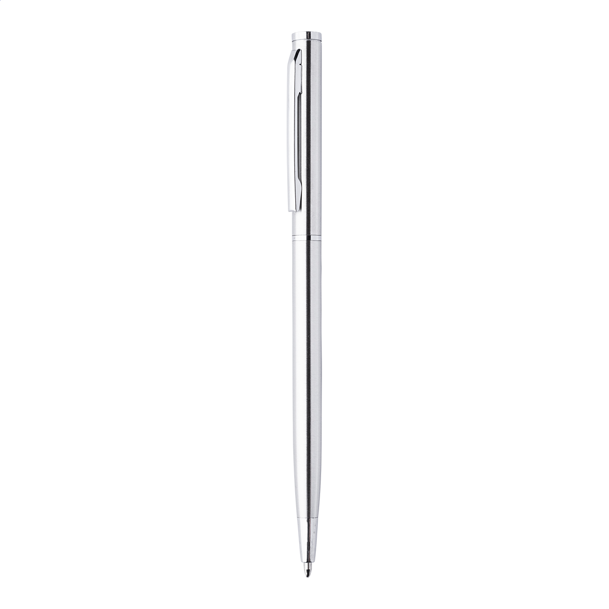 Penna a sfera in acciaio riciclato con meccanismo di apertura a rotazione e componenti cromate — gadget promozionale personalizzabile con il tuo logo