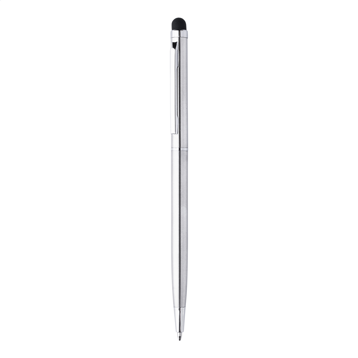 Penna a sfera capacitiva in acciaio riciclato con refill blu, meccanismo di apertura a rotazione e parti cromate — gadget promozionale personalizzabile con il tuo logo