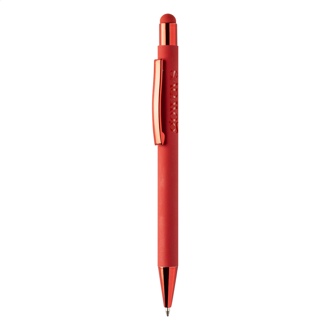 Penna a sfera capacitiva in alluminio riciclato con refill blu, fusto gommato e parti con finitura colorata metallizzata lucida — gadget promozionale personalizzabile con il tuo logo