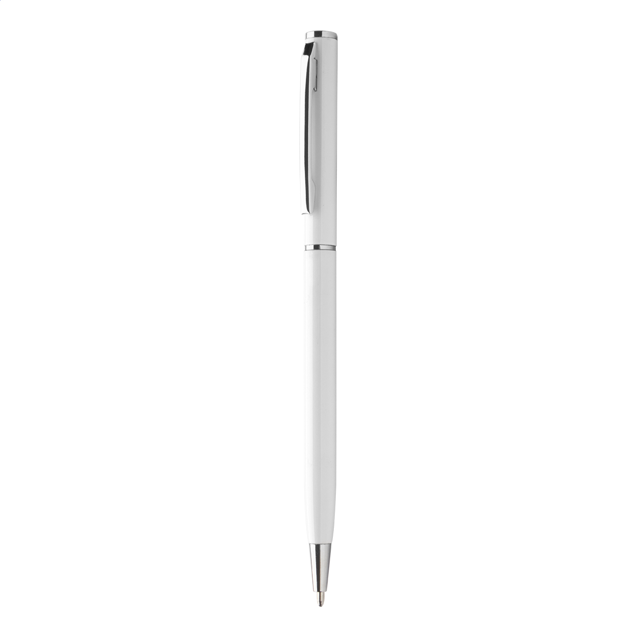 Penna a sfera in alluminio riciclato con meccanismo di apertura a rotazione e componenti cromate — gadget promozionale personalizzabile con il tuo logo