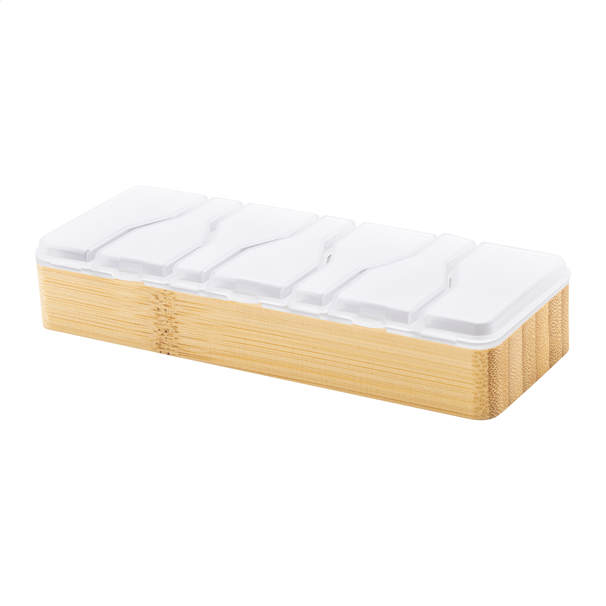 Portapillole settimanale in bambù e plastica PP, con 7 scomparti — gadget promozionale personalizzabile con il tuo logo